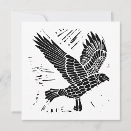 Zwart-wit Flying Raven Lino Cut Feestdagenkaart