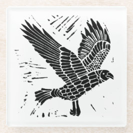 Zwart-wit Flying Raven Lino Cut Glazen Onderzetter