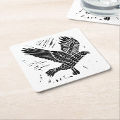 Zwart-wit Flying Raven Lino Cut Kartonnen Onderzetters (Schuin)