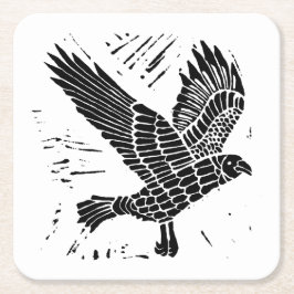Zwart-wit Flying Raven Lino Cut Kartonnen Onderzetters