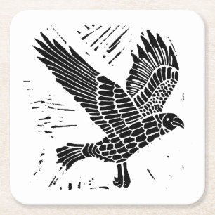 Zwart-wit Flying Raven Lino Cut Kartonnen Onderzetters
