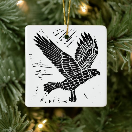 Zwart-wit Flying Raven Lino Cut Keramisch Ornament (Boom)