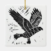 Zwart-wit Flying Raven Lino Cut Keramisch Ornament (Achterkant)