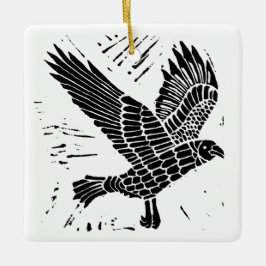 Zwart-wit Flying Raven Lino Cut Keramisch Ornament