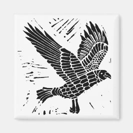 Zwart-wit Flying Raven Lino Cut Magneet