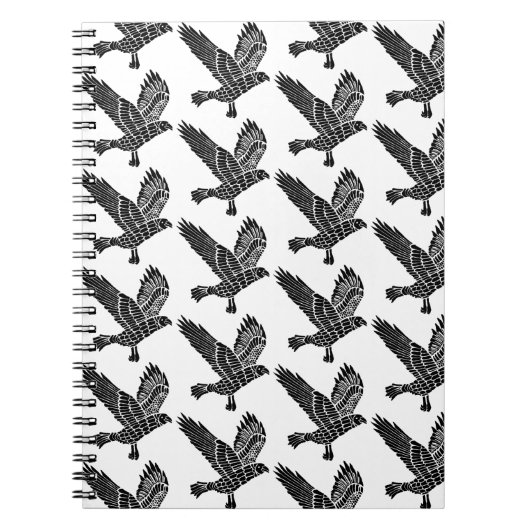 Zwart-wit Flying Raven Lino Cut Notitieboek (Voorkant)