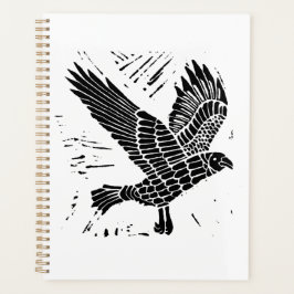 Zwart-wit Flying Raven Lino Cut Planner