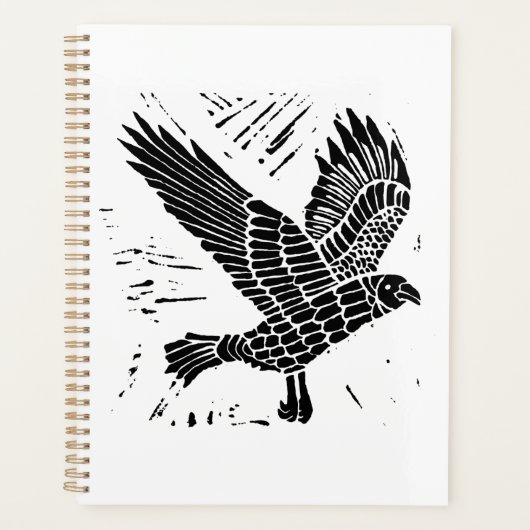 Zwart-wit Flying Raven Lino Cut Planner (Voorkant)