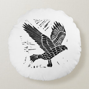 Zwart-wit Flying Raven Lino Cut Rond Kussen