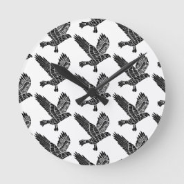 Zwart-wit Flying Raven Lino Cut Ronde Klok