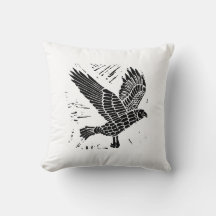 Zwart-wit Flying Raven Lino Cut Sierkussen