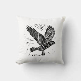 Zwart-wit Flying Raven Lino Cut Sierkussen