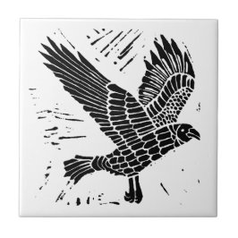 Zwart-wit Flying Raven Lino Cut Tegeltje