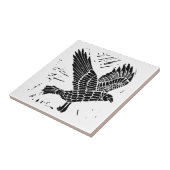 Zwart-wit Flying Raven Lino Cut Tegeltje (Zijkant)