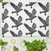 Zwart-wit Flying Raven Lino Cut Theedoek (Gevouwen)