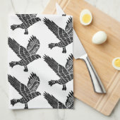 Zwart-wit Flying Raven Lino Cut Theedoek (Quarter Fold)