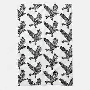 Zwart-wit Flying Raven Lino Cut Theedoek