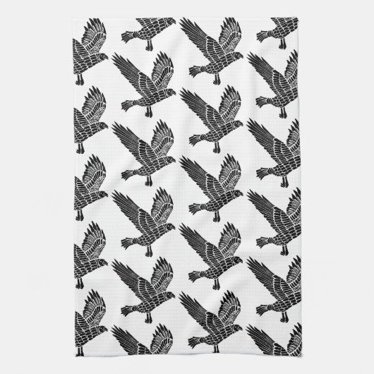Zwart-wit Flying Raven Lino Cut Theedoek (Verticaal)