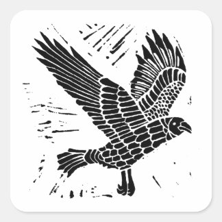 Zwart-wit Flying Raven Lino Cut Vierkante Sticker