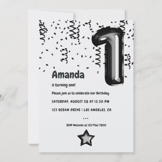 Zwart-wit Folie Balloon 1e Verjaardag Kaart (Voorkant)