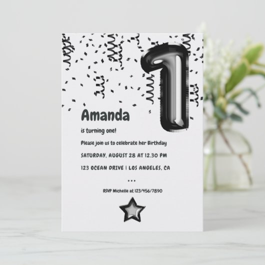 Zwart-wit Folie Balloon 1e Verjaardag Kaart (Staand voorkant)