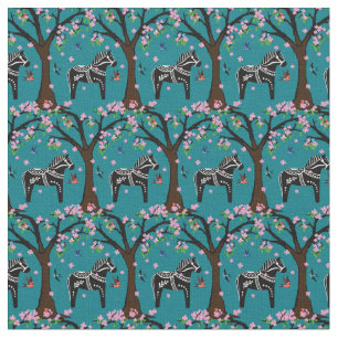 Zwart/wit Folk Dala paard/Folk vogels/bloemen Stof