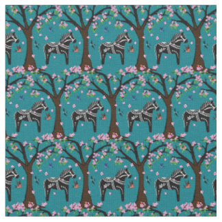 Zwart/wit Folk Dala paard/Folk vogels/bloemen Stof