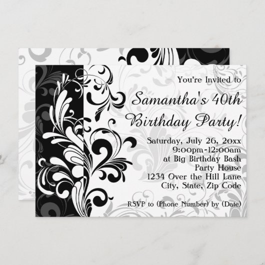 Zwart/Wit Fontein Swirl Verjaardagsfeest Kaart (Voorkant / Achterkant)