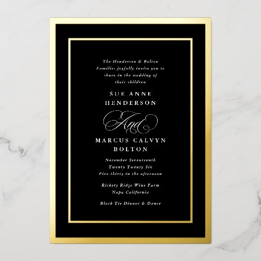 Zwart-wit Formeel Goud Lijsten Bruiloft Folie Uitnodiging (Voorkant)