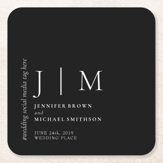 Zwart-wit Formele Eenvoudige Elegante Bruiloft Kartonnen Onderzetters (Voorkant)