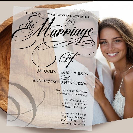 Zwart-wit formele elegante scripttypografie vellum uitnodigingen