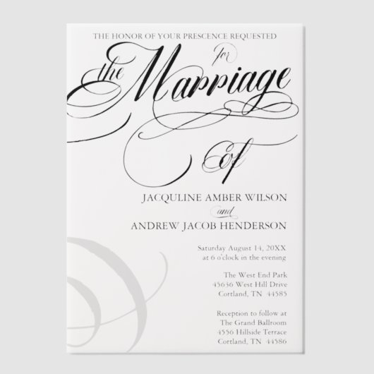 Zwart-wit formele elegante scripttypografie vellum uitnodigingen (Voorkant)