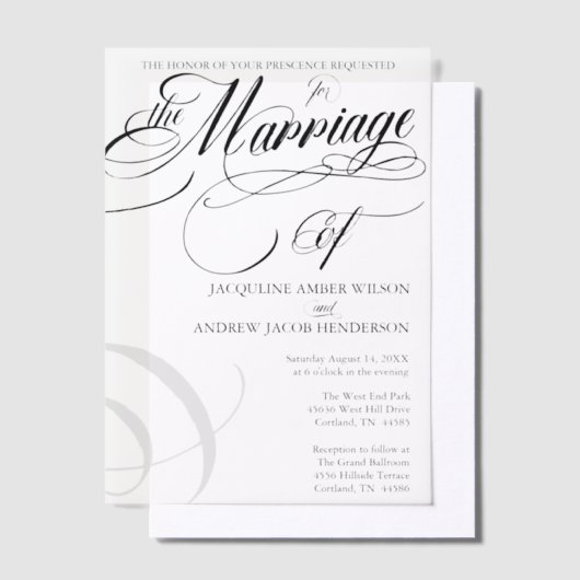 Zwart-wit formele elegante scripttypografie vellum uitnodigingen (Offset)