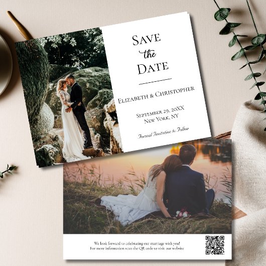 Zwart-wit formele elegante trouwfoto QR-code Save The Date