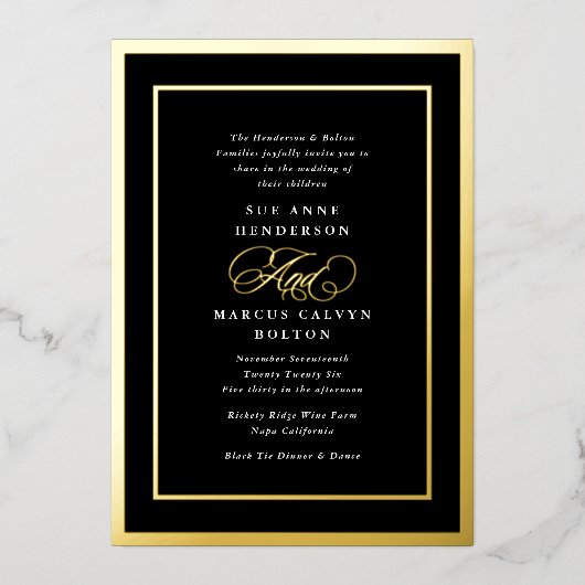 Zwart & Wit Formele Gouden Lijsten Bruiloft Folie Uitnodiging (Voorkant)