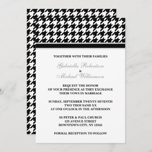 Zwart Wit Formele Houndstooth bruiloft uitnodiging (Voorkant / Achterkant)