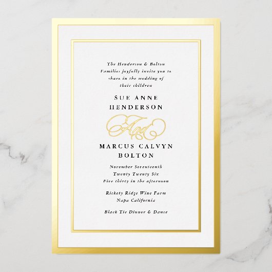 Zwart-wit formele kalligrafie bruiloft goud folie uitnodiging (Voorkant)