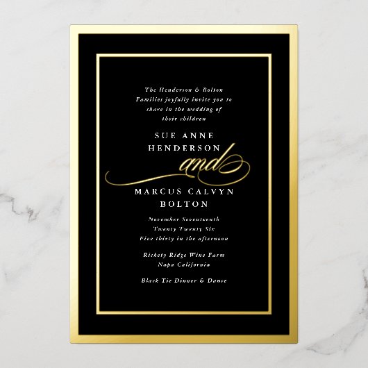 Zwart Wit Formele Kalligrafie Goud Lijst Bruiloft Folie Uitnodiging (Voorkant)