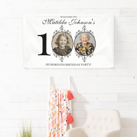 Zwart Wit Foto 100e Verjaardagsfeestje Welkom Spandoek (Insitu)