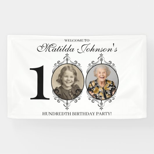 Zwart Wit Foto 100e Verjaardagsfeestje Welkom Spandoek (Horizontaal)