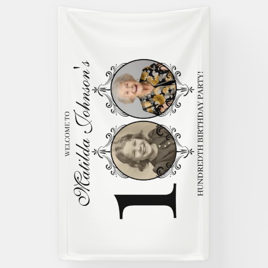 Zwart Wit Foto 100e Verjaardagsfeestje Welkom Spandoek (Verticaal)