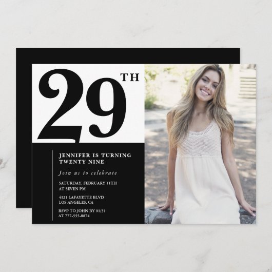 Zwart Wit Foto 29ste Verjaardag Uitnodigingen (Voorkant / Achterkant)