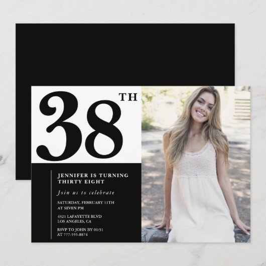 Zwart Wit Foto 38ste Verjaardag Uitnodigingen (Voorkant / Achterkant)