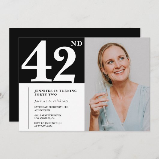 Zwart-wit foto 42e verjaardag Uitnodigingen (Voorkant / Achterkant)