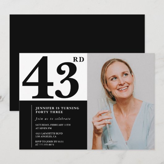 Zwart Wit Foto 43ste Verjaardag Uitnodigingen (Voorkant / Achterkant)