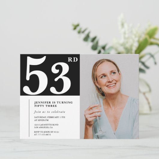 Zwart-wit foto 53e verjaardagsuitnodigingen kaart (Staand voorkant)