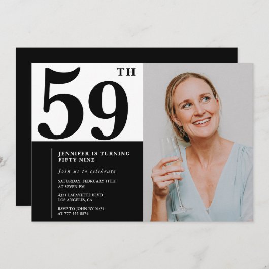Zwart Wit Foto 59ste Verjaardag Uitnodigingen (Voorkant / Achterkant)