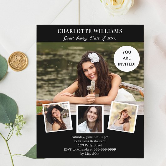 Zwart wit foto afstudeerfeest uitnodiging