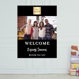 Zwart-wit foto bedrijfslogo seminar begroeting poster