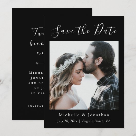 Zwart & Wit Foto Bijbel Verse Christelijke bruilof Save The Date (Voorkant / Achterkant)